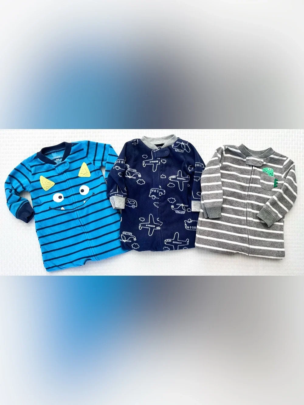 Carter’s Baby Boy 6M Fleece Footed Pajamas Lot 3 Monster Dinosaur Airplanes
